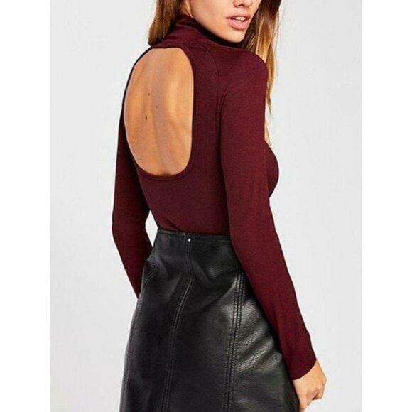 NWT Free People Like I Do Backless Cutout Mockneck Top M/L Mauve Wine Stretch - Picture 1 of 10